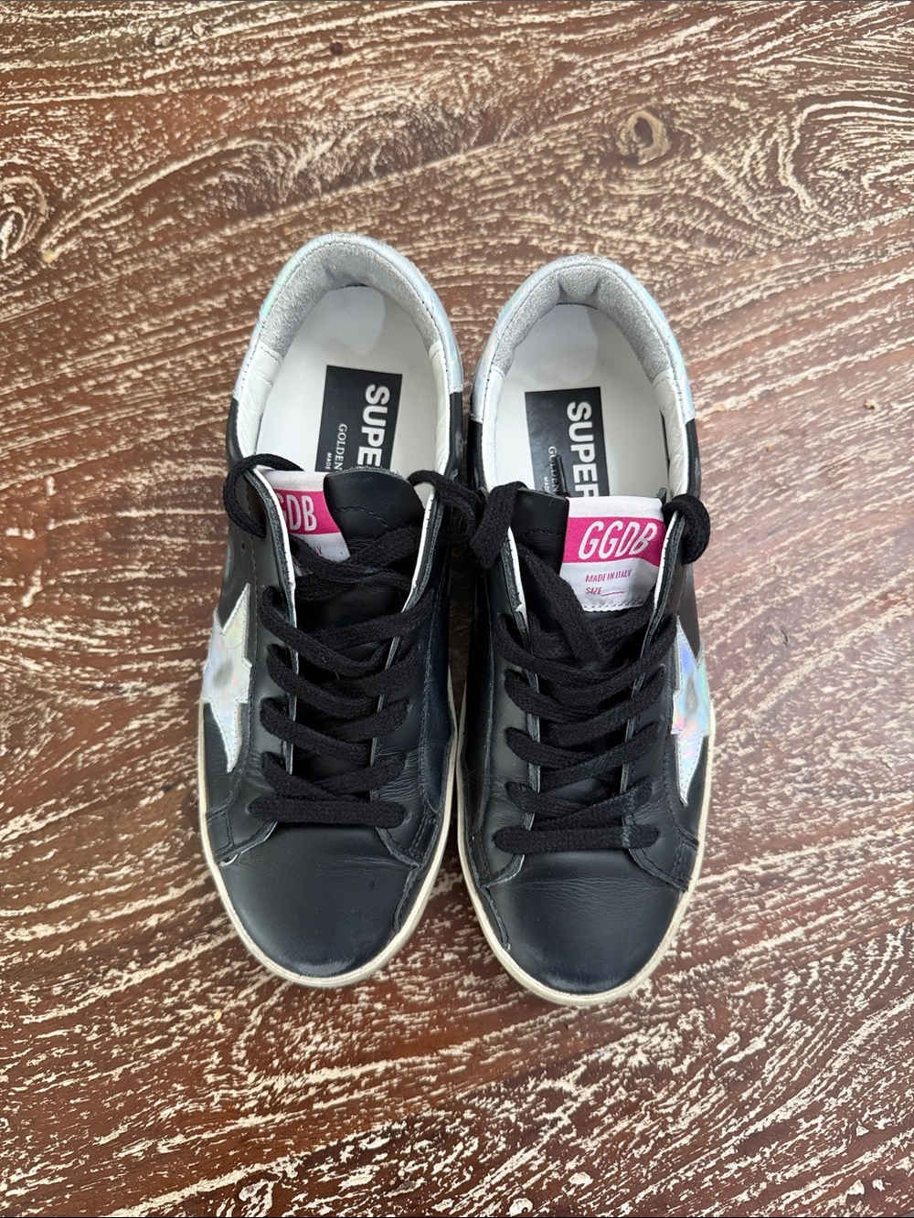 Golden Goose Black Leather Low-Top Sneakers with Iridescent Star